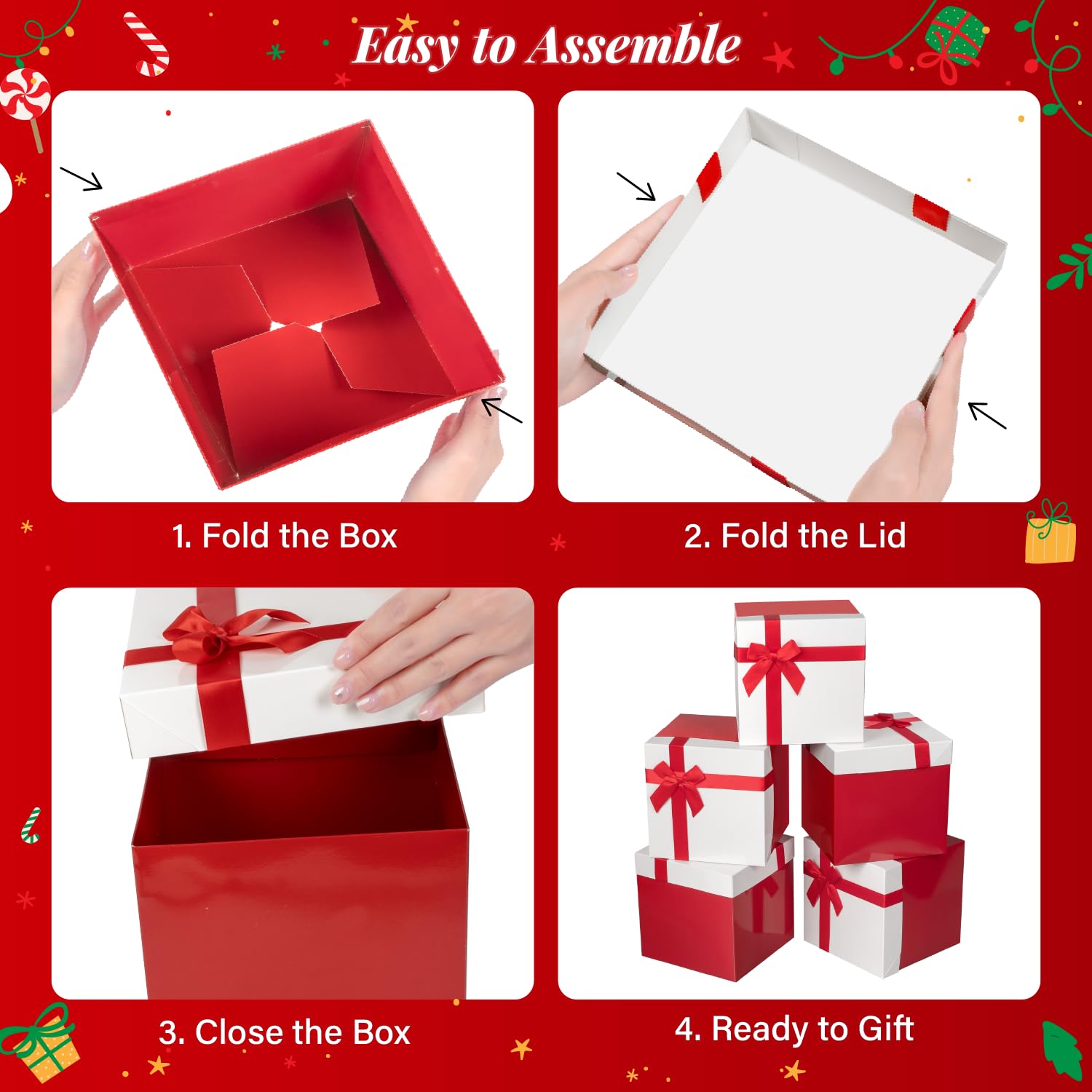 Red & White Christmas Gift Boxes with Lids, 5 Pack