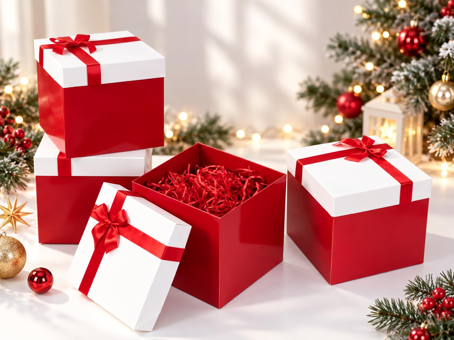 Red & White Christmas Gift Boxes with Lids, 5 Pack