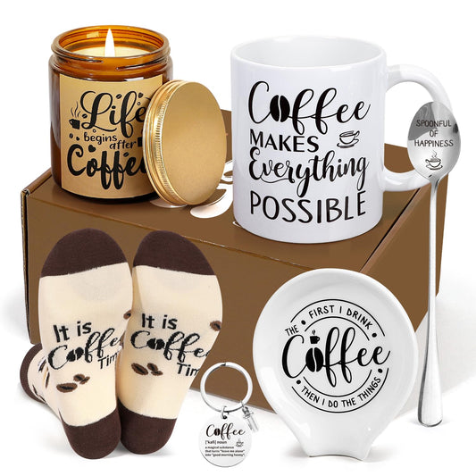Coffee Lovers Gift Set, 6PCS Coffee Gift Basket, Coffee Lover Gift Set Includes Coffee Mug Spoon Rest Holder Coffee Socks Keychain, Birthday Christmas Gift for Women Men Coffee Lover Friends