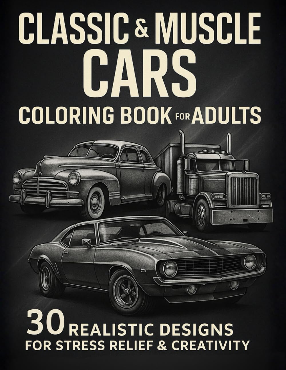 Classic & Muscle Cars Coloring Book for Adults: 30 Realistic Designs Featuring Vintage Cars, Muscle Legends & Big Rigs for Relaxation, Creativity & Stress Relief