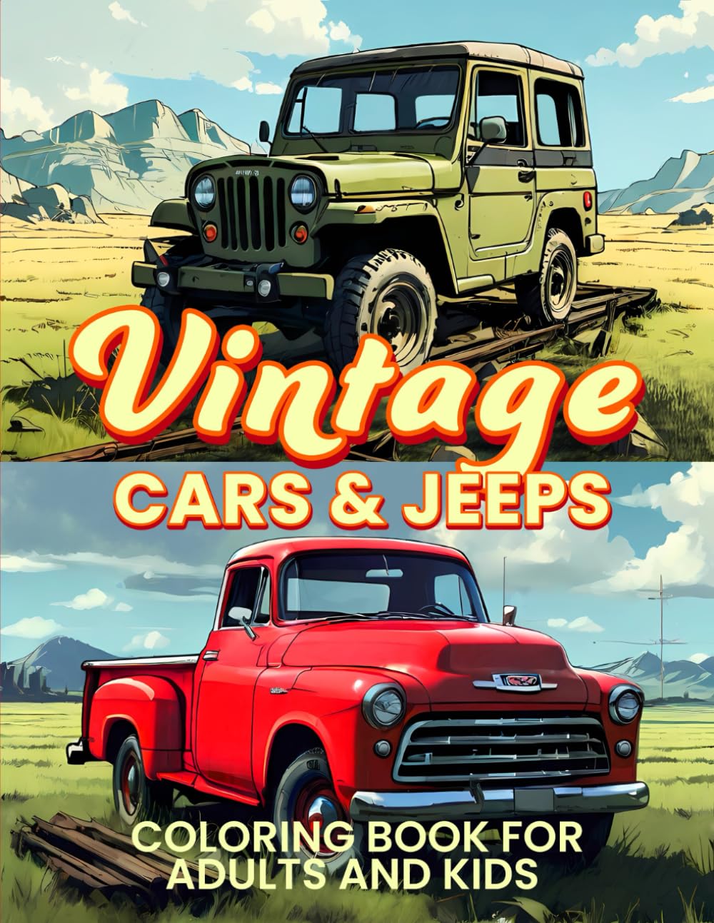 Vintage Cars and Jeeps Coloring Book for Adults and Kids: Color 60+ Stress-Relieving & Relaxing Illustrations of Classic Cars, Vintage Trucks, Retro SUVs, Old Jeeps and other Off-Road Automobiles.