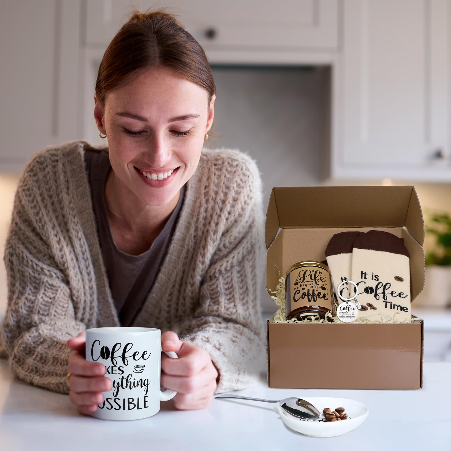 Coffee Lovers Gift Set, 6PCS Coffee Gift Basket, Coffee Lover Gift Set Includes Coffee Mug Spoon Rest Holder Coffee Socks Keychain, Birthday Christmas Gift for Women Men Coffee Lover Friends