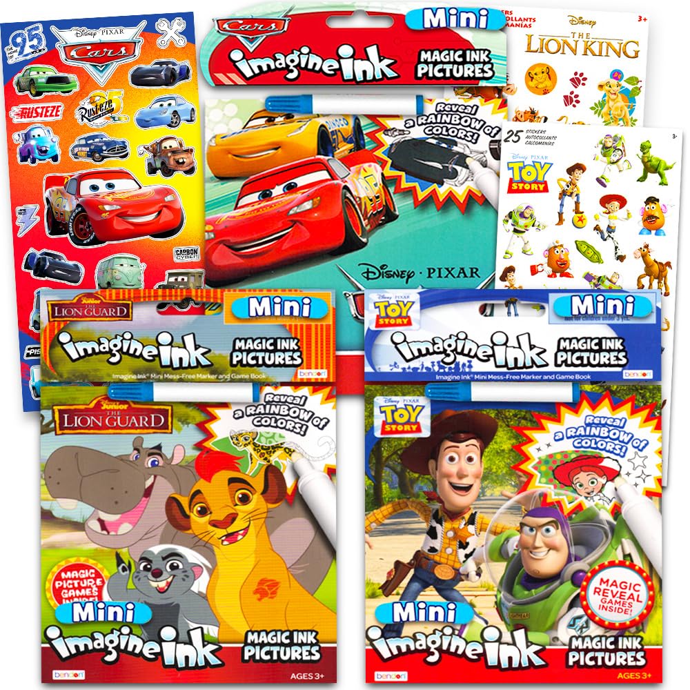 Disney Pixar Magic Ink Coloring Book Super Set - 3 Imagine Ink Books Bundle Featuring Toy Story, Lion Guard, Disney Cars with Invisible Ink Pens and Stickers
