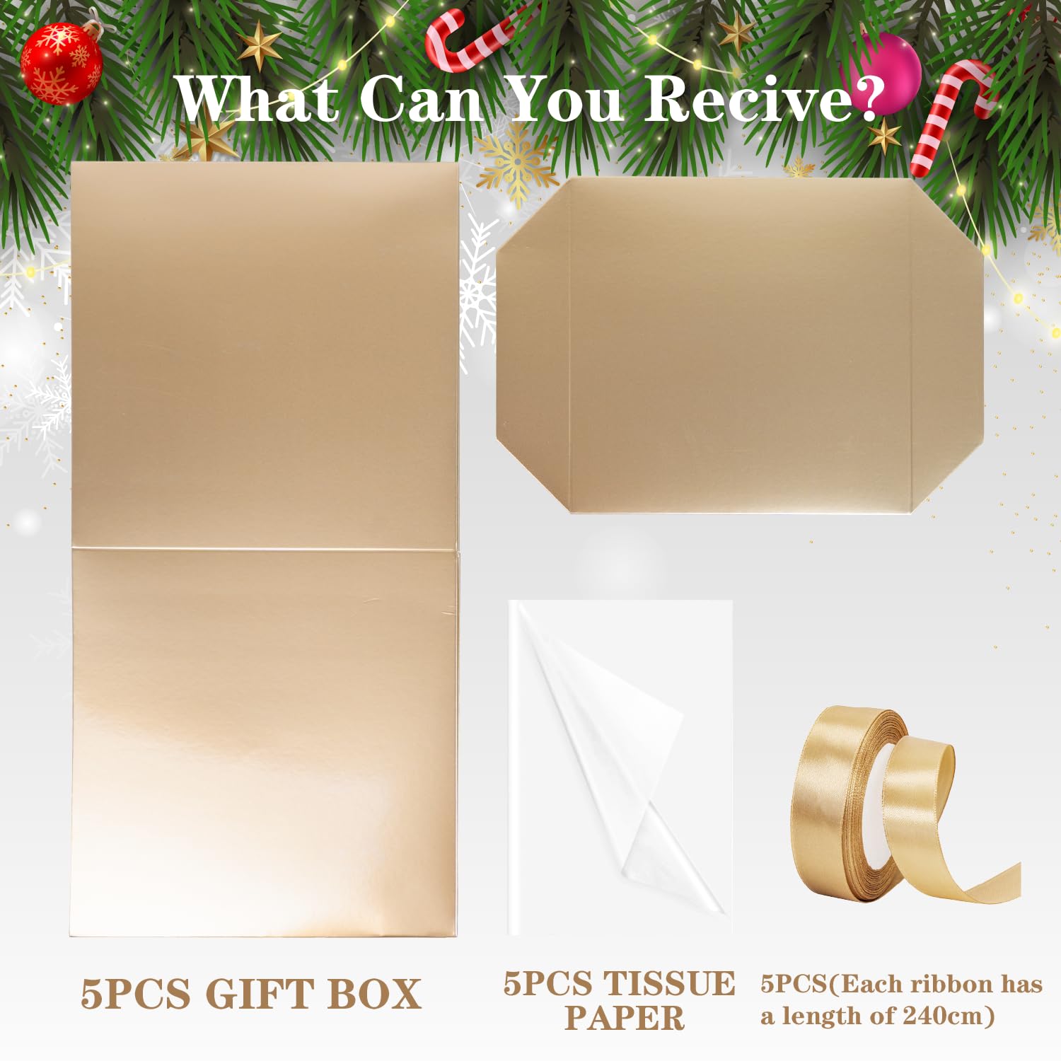 Gold Gift Boxes with Lids, 5 Pack, 7.1 in