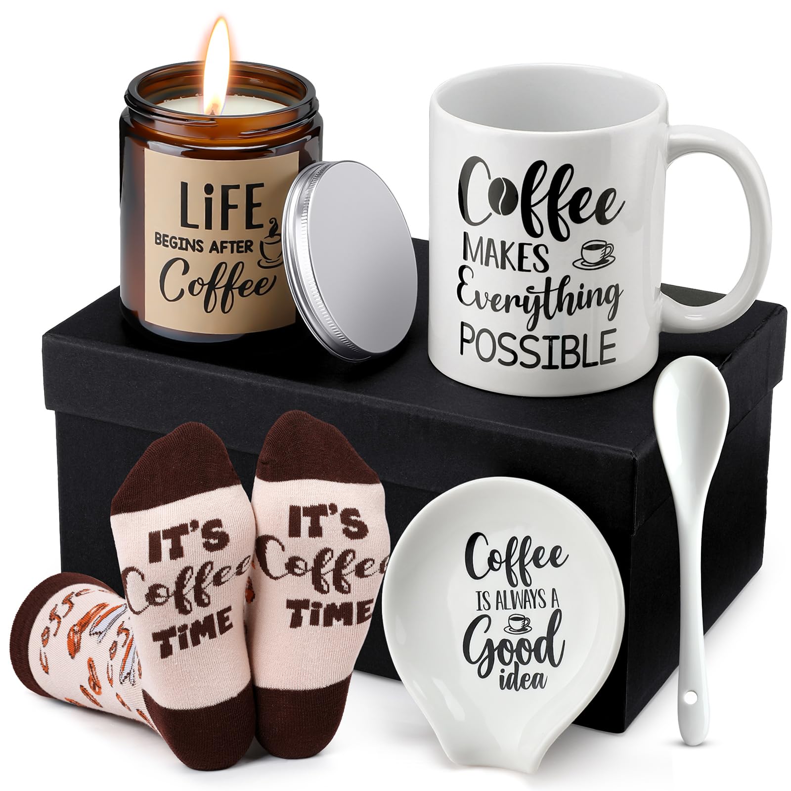 5 Piece Coffee Lovers Gift Set - Includes Mug and Spoon Rest Holder,Candle and Socks,Coffee Theme Box Basket Idea for Men Women Mother's Day Graduation Gift