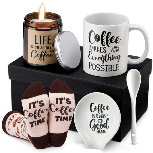 5 Piece Coffee Lovers Gift Set - Includes Mug and Spoon Rest Holder,Candle and Socks,Coffee Theme Box Basket Idea for Men Women Mother's Day Graduation Gift
