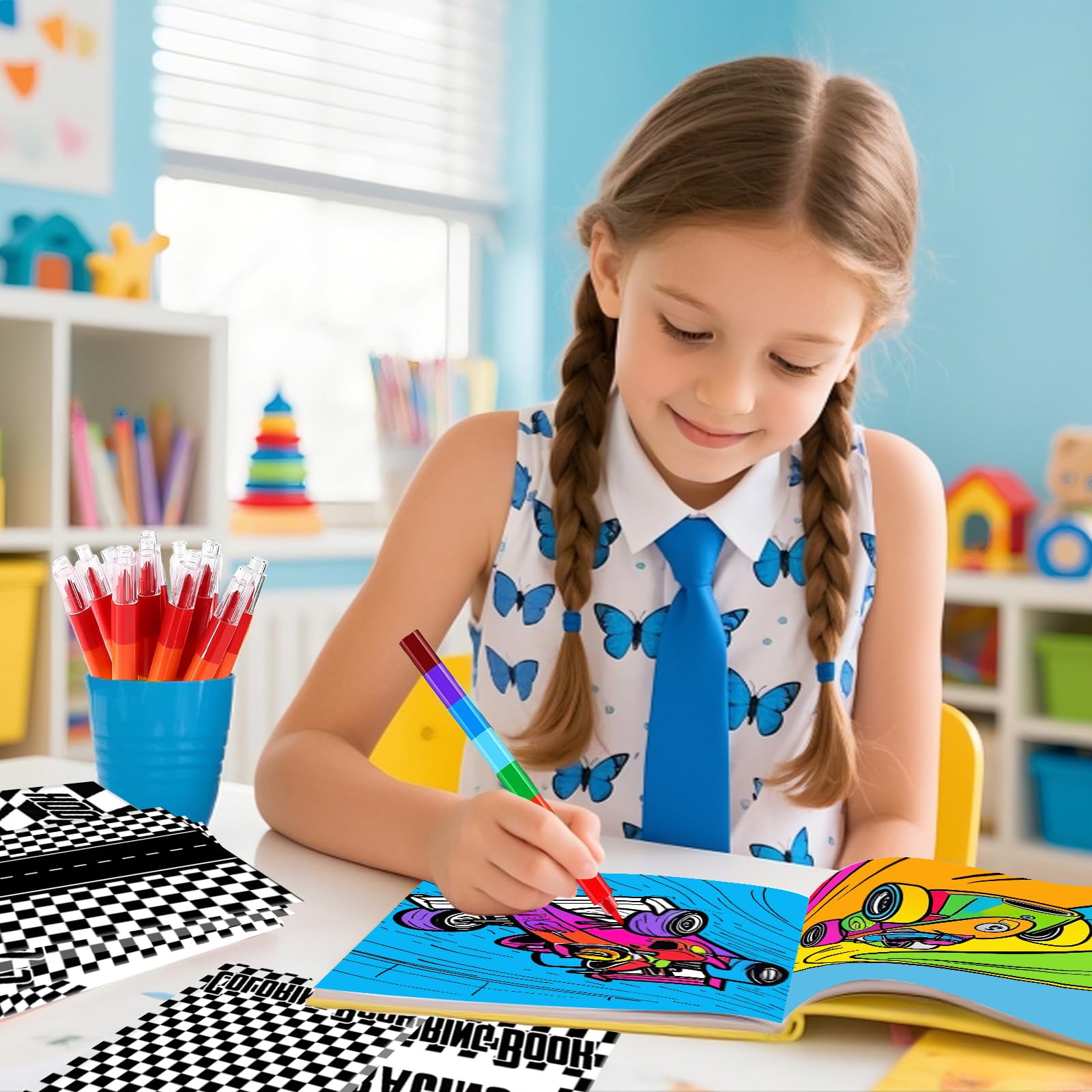 HABDJILTY 16Pcs Race Car Coloring Book Mini Coloring Books with 16Pcs Stacking Crayons Black and White Checkered Drawing Activity Book for Race Car Birthday Party Favors Supplies Painting Games Gifts