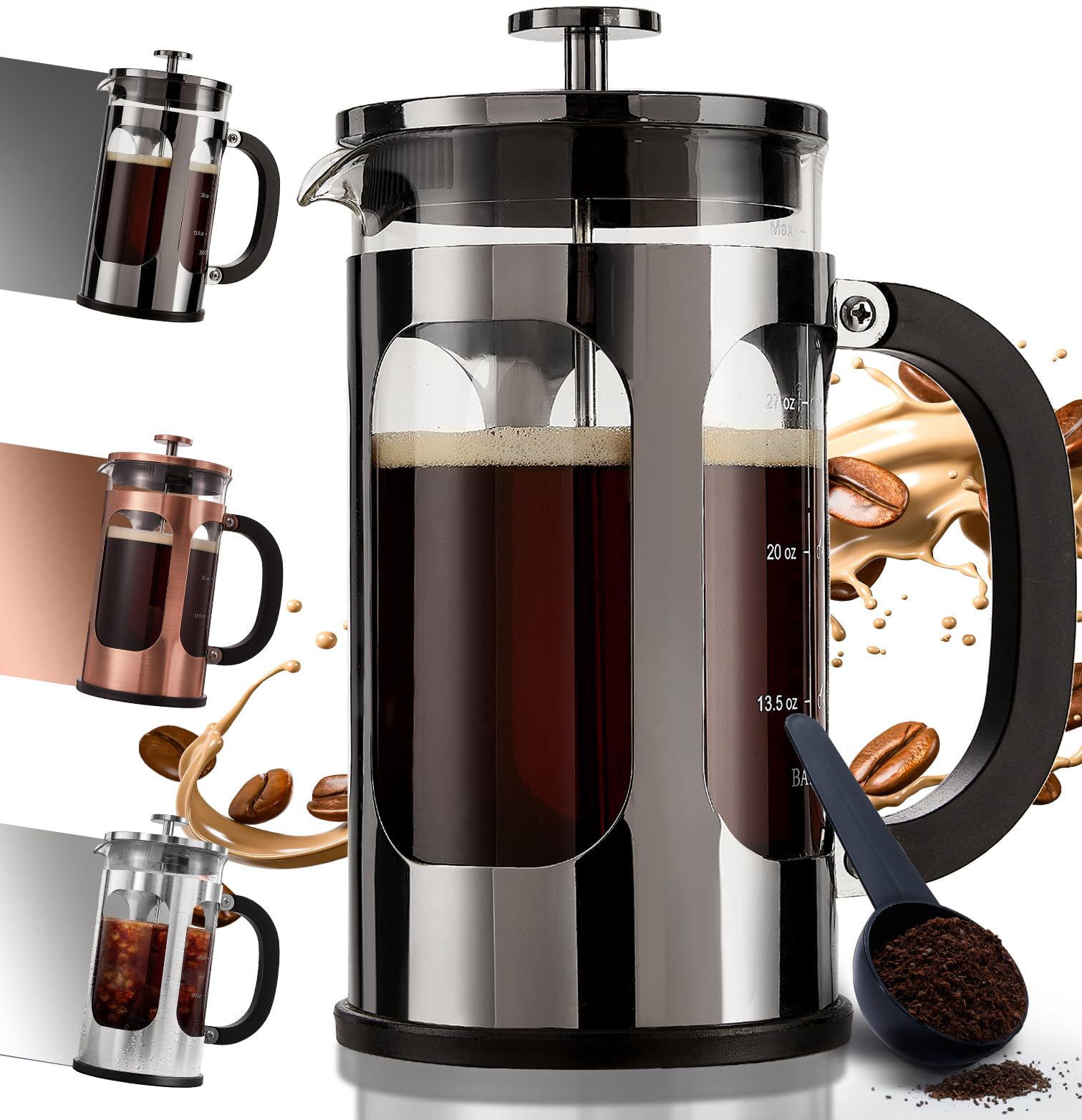 BAYKA French Press Coffee Maker 34 Ounce 1 Liter, Borosilicate Glass Stainless Steel Brewer, Large Portable Cold Brew Cafetera Teapot for Kitchen Travel Camping Coffee Bar Accessories, Dark Pewter