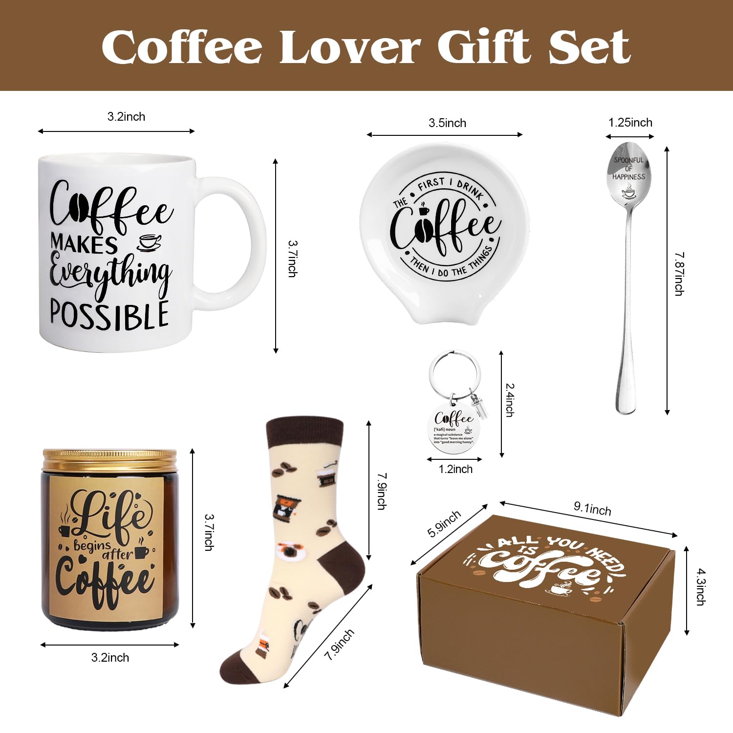 Coffee Lovers Gift Set, 6PCS Coffee Gift Basket, Coffee Lover Gift Set Includes Coffee Mug Spoon Rest Holder Coffee Socks Keychain, Birthday Christmas Gift for Women Men Coffee Lover Friends