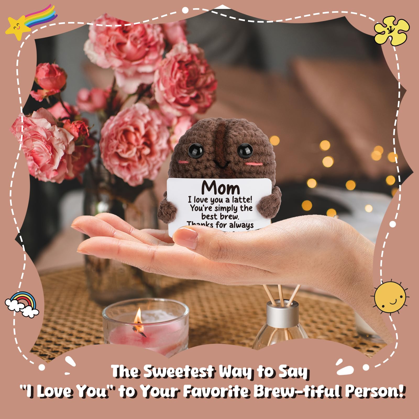 Coffee Lover Gifts for Women Men - Coffee Bean Crochet Doll for Girlfriend Boyfriend, Funny Espresso Pun Gift for Friend Coworker, I Love You with All My Beans Present for Birthday Valentines Day