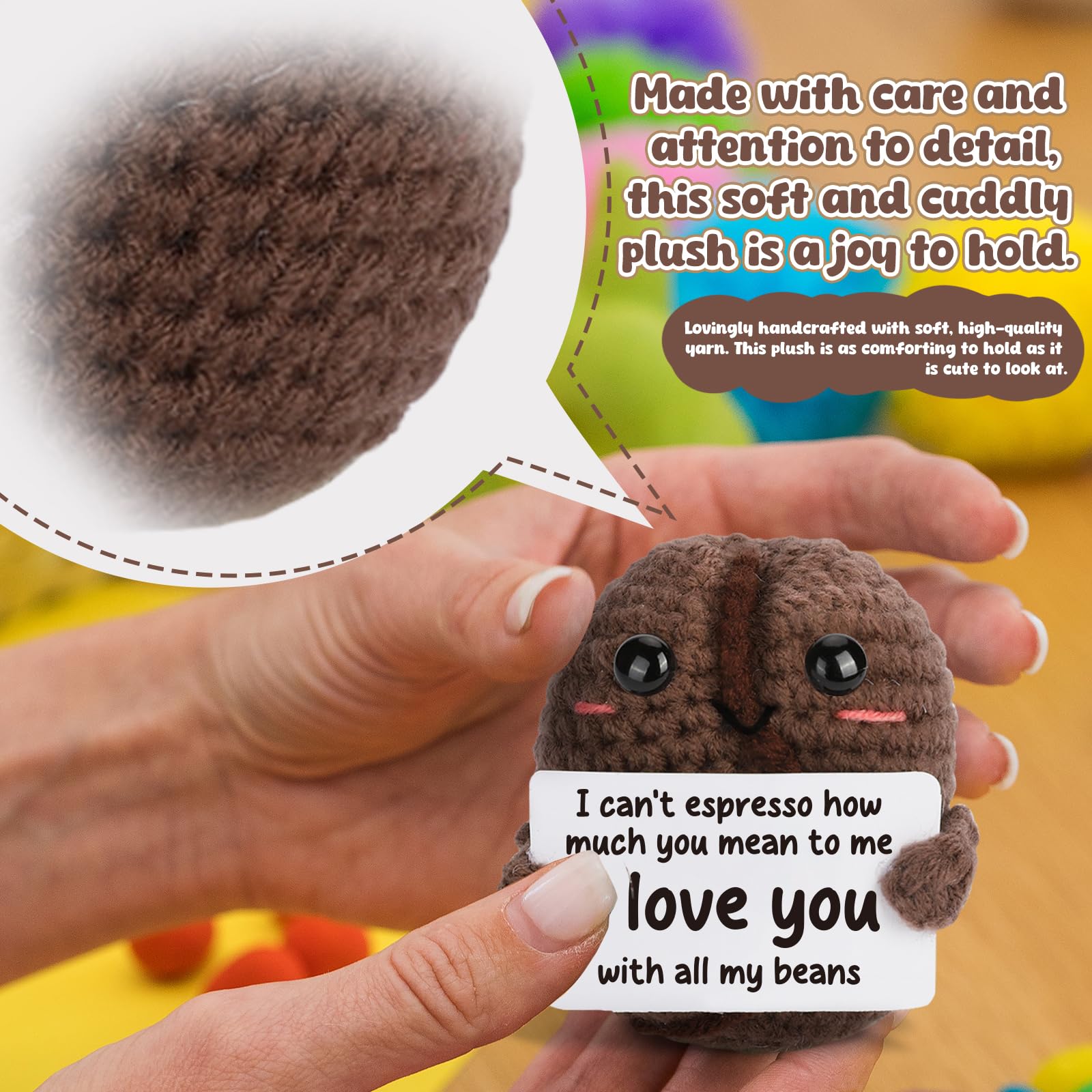Coffee Lover Gifts for Women Men - Coffee Bean Crochet Doll for Girlfriend Boyfriend, Funny Espresso Pun Gift for Friend Coworker, I Love You with All My Beans Present for Birthday Valentines Day
