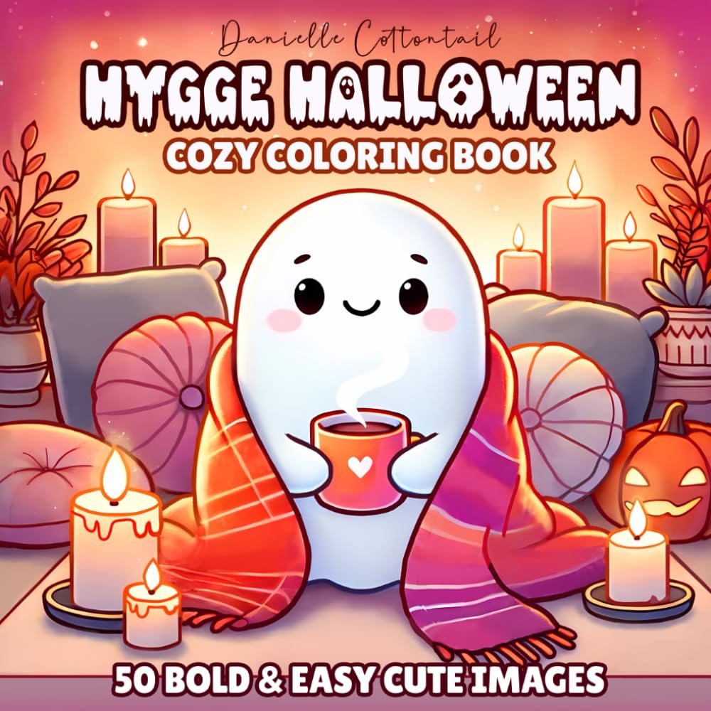 Hygge Halloween Cozy Coloring Book: 50 Bold & Easy Cute Images with Spooky, Comfy, and Fuzzy Autumn Vibes for Kids and Adults (Spooky Coloring Books)