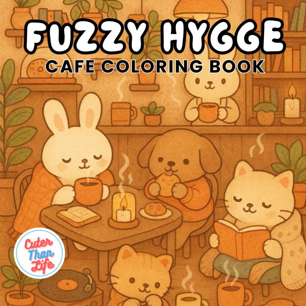 Fuzzy Hygge Cafe Coloring Book: 40 Images | 8.5x8.5 | Cozy, Library, Coffee House, Cafecore, Cottagecore, Adorable | Mindful Coloring and Stress Relief | For Kids, Teens, Adults, and Seniors