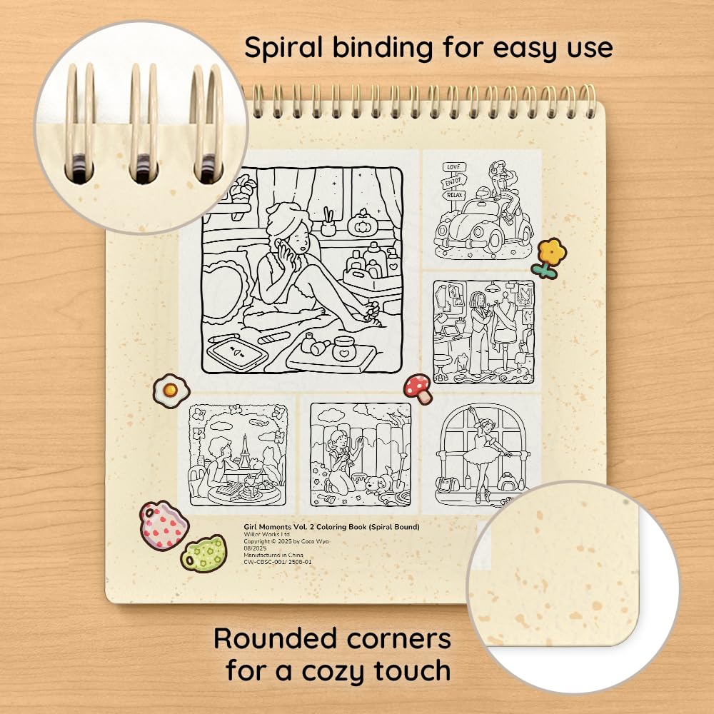 Coco Wyo Coloring Book (Spiral Bound) & Sticker Set for Adults & Teens - Girl Moments 2