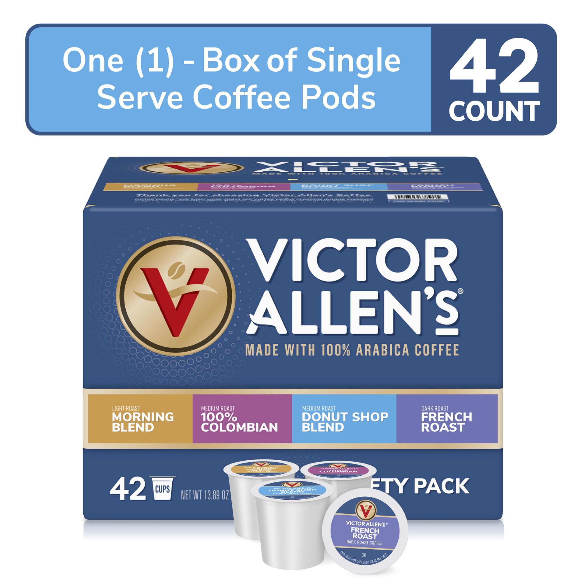 Victor Allen's Coffee Variety Pack (Morning Blend 10, 100% Colombian 10, Donut Shop Blend 12, French Roast 10), 42 Count, Single Serve Coffee Pods for Keurig K-Cup Brewers