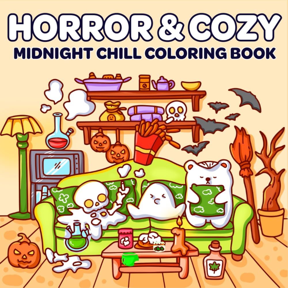 Midnight Chill Coloring Book: Horror and Cozy Coloring Pages for Adults Featuring Adorable Spooky Cartoon Creatures in Cute and Psychedelic Designs for Stress Relief and Relaxation