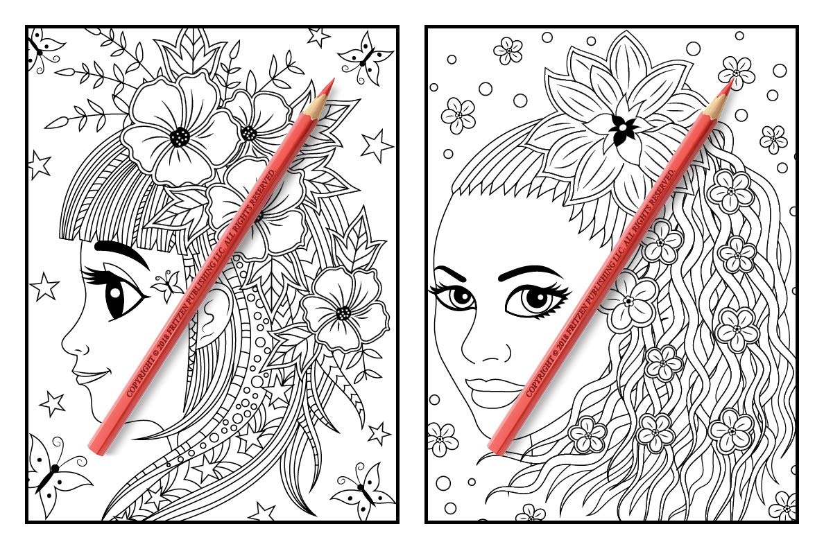 Flower Girls: An Adult Coloring Book with Cute Manga Girls, Fun Hair Styles, and Beautiful Floral Designs for Relaxation