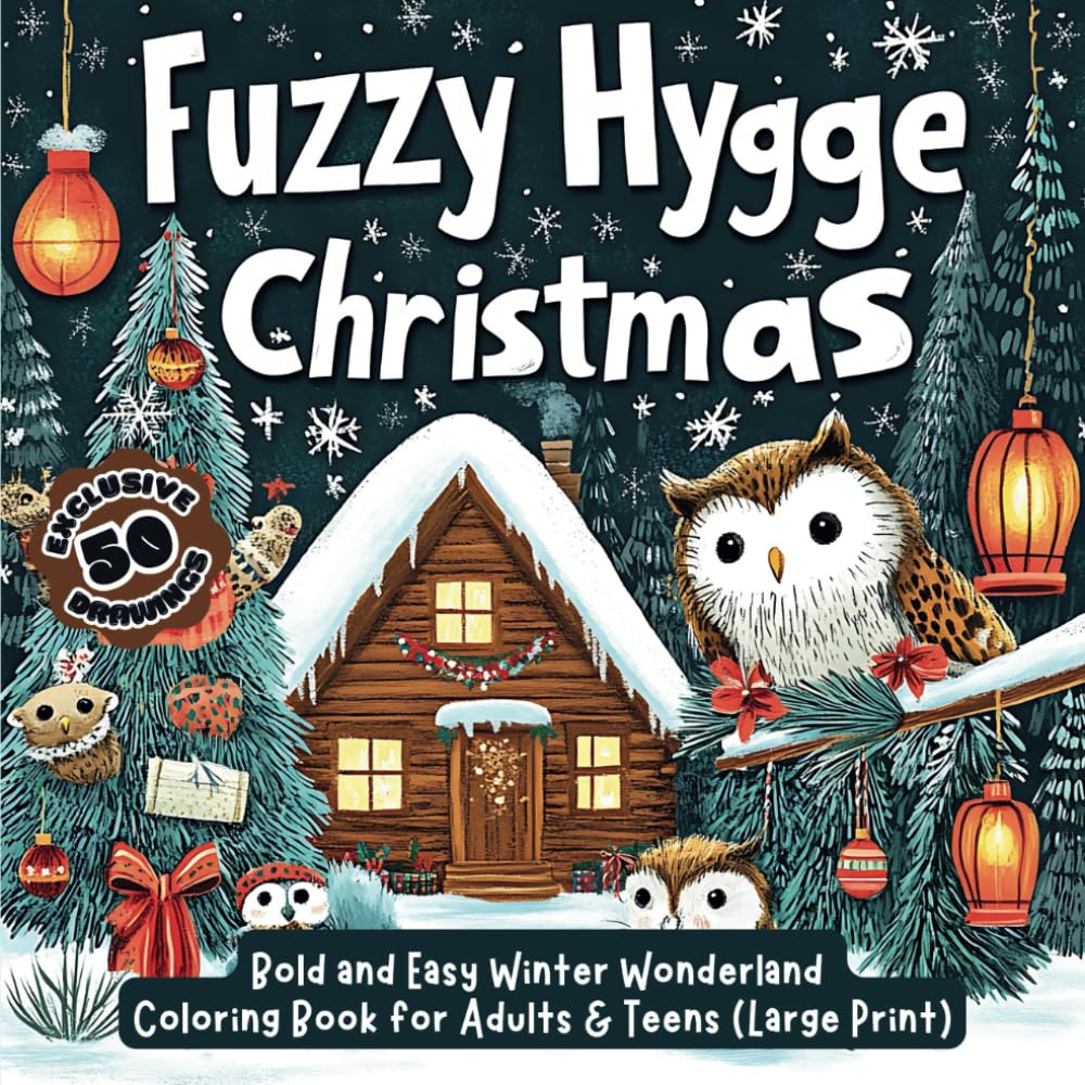 Fuzzy Hygge Christmas: Bold and Easy Winter Wonderland Coloring Book for Adults & Teens - Magical Holiday Scenes with Adorable Animals in Cozy Nordic Settings (Large Print)