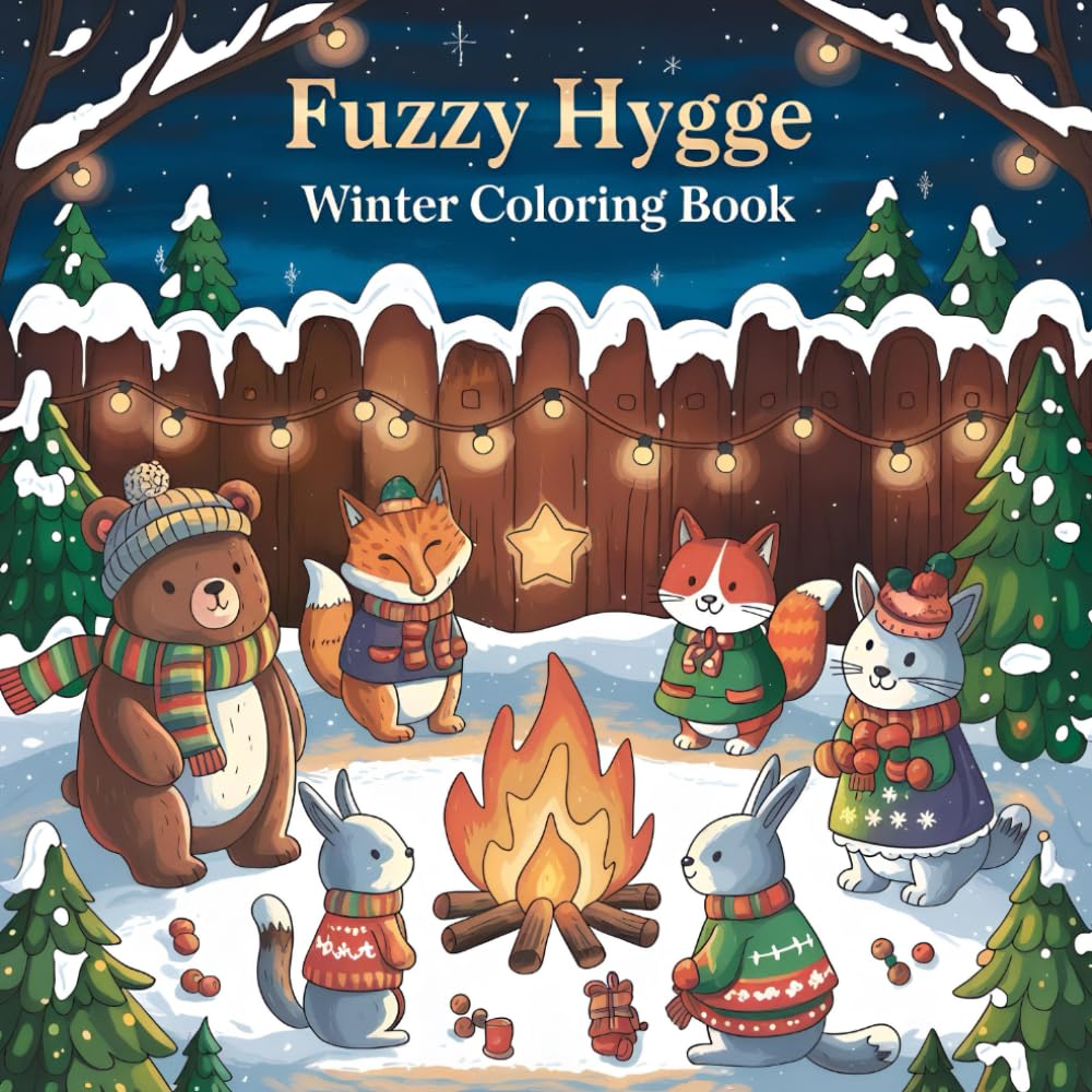 Fuzzy Hygge: Cozy and Comfy Coloring Book for Adults & Teens Featuring Cozy Holiday Winter Scenes with Adorable Animals Characters