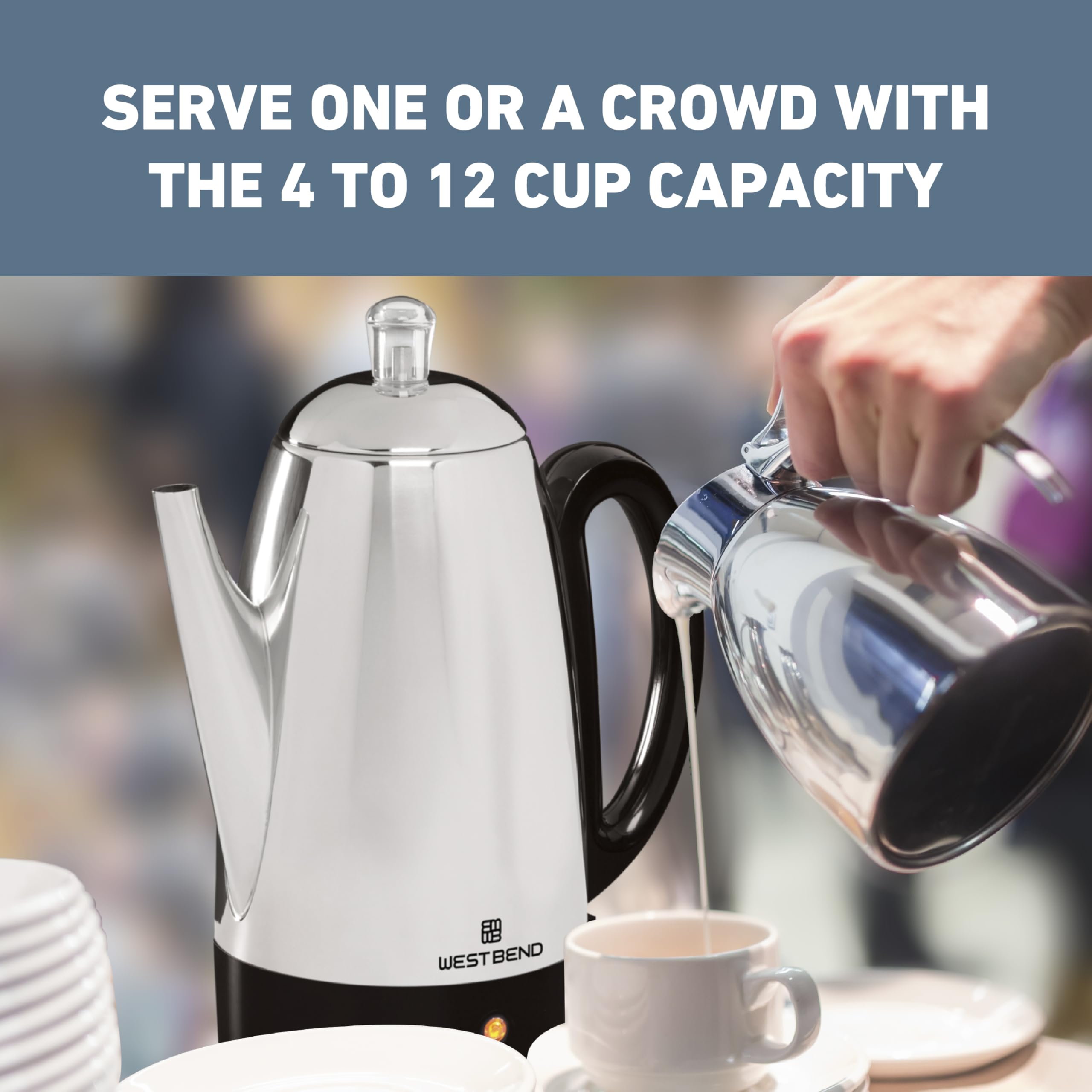 West Bend Electric Percolator Classic Style Coffee Maker with Heat Resistant Handle Base and Detachable Cord with Stainless Steel Stem and Basket, 12-Cup, Silver