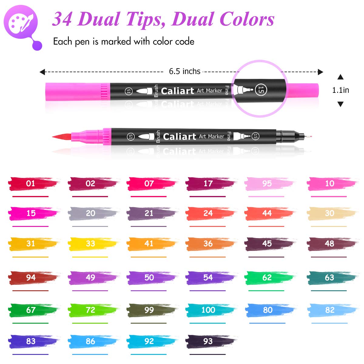 Caliart 34 Double Tip Brush Pens Art Markers, Artist Fine & Brush Pen Coloring Markers for Adult Book Cards Drawing Craft Kit Teacher Office Supplies