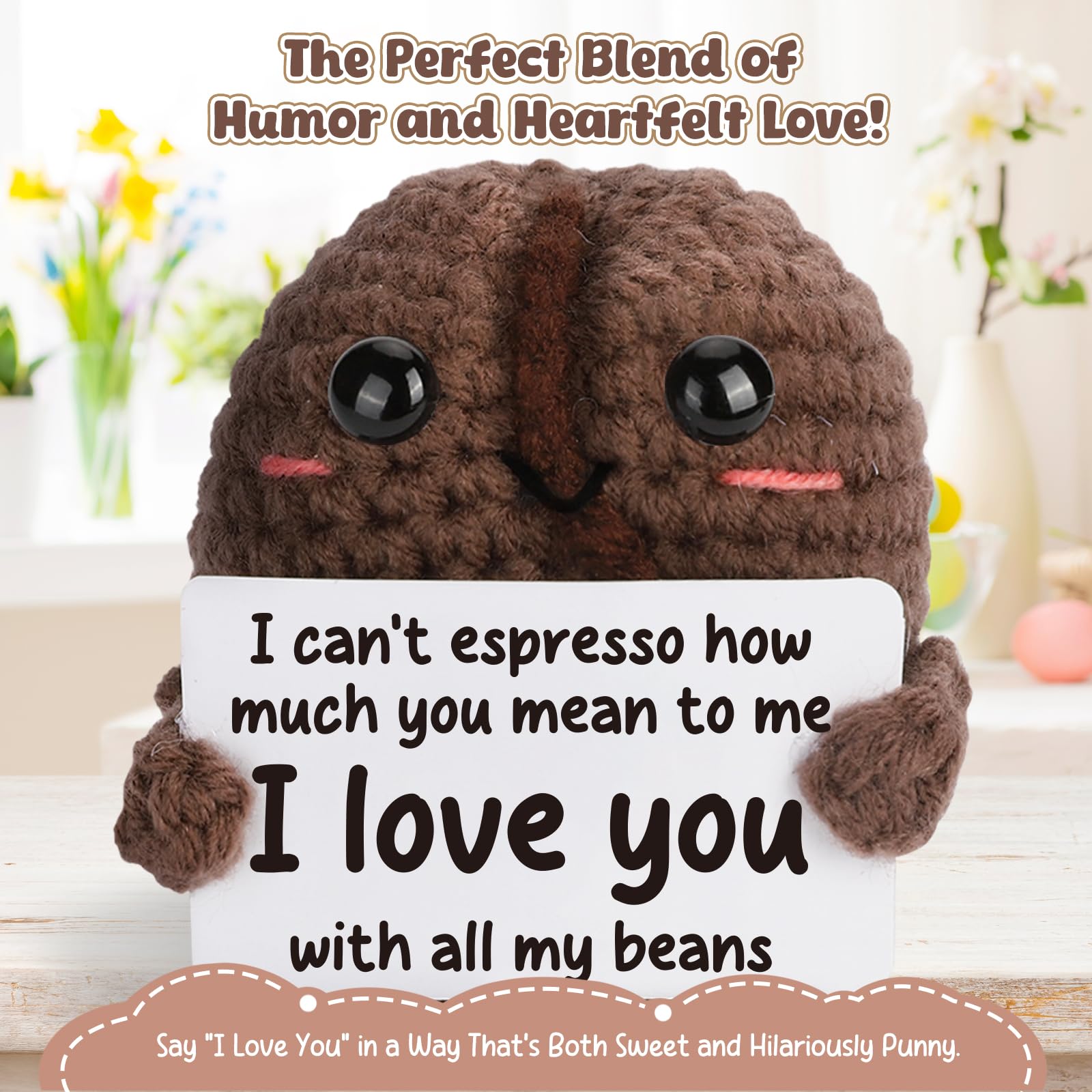 Coffee Lover Gifts for Women Men - Coffee Bean Crochet Doll for Girlfriend Boyfriend, Funny Espresso Pun Gift for Friend Coworker, I Love You with All My Beans Present for Birthday Valentines Day