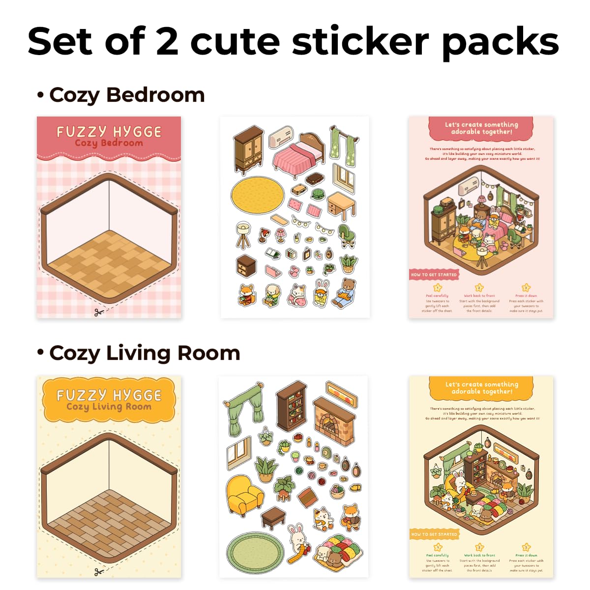 Fuzzy Hygge Coloring Book with 2 Sets of Miniature Sticker Scenes for Adults & Teens (Fuzzy Hygge)