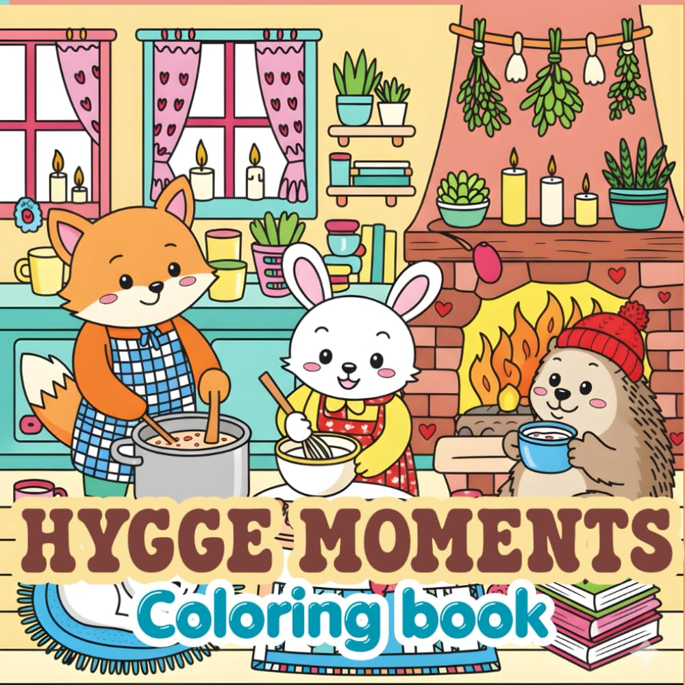 Hygge Moments: Cute Animal Designs for Adults & Teens, Relaxing and Easy Coloring Pages Featuring Cozy Home Scenes, Reading, Baking & More