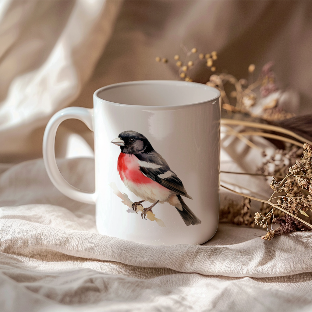 Bird Watching Mug, Rose Breasted Grosbeak Song Bird Mug, 11oz or 15oz White Ceramic Coffee Mug Gift for Bird Watchers