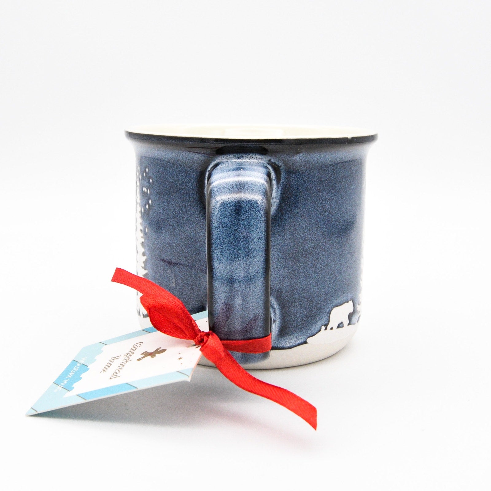 Holiday Camping Mug, Blue Ceramic 14oz Coffee Cup with Bear in Winter Scene by Gingerbread Home