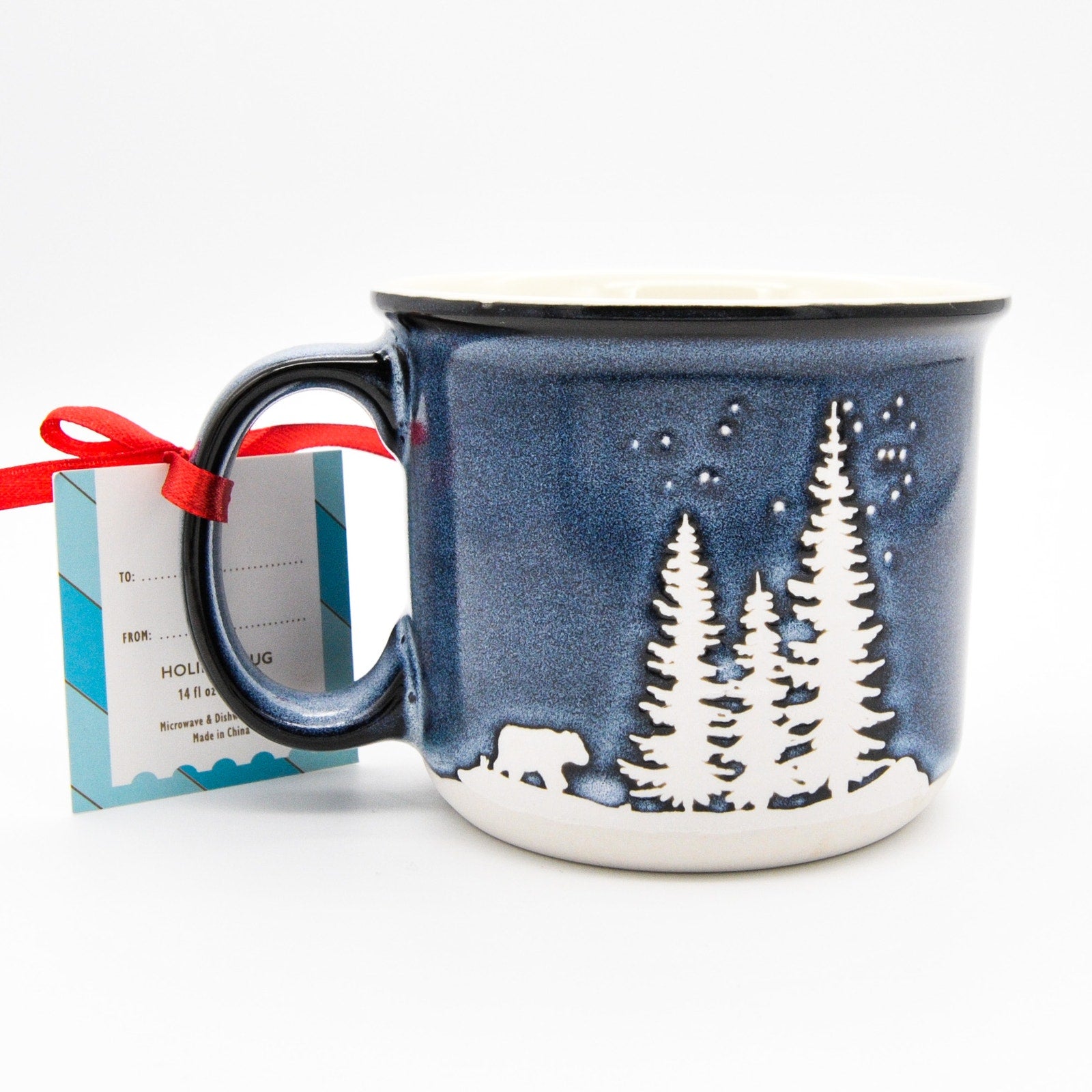 Holiday Camping Mug, Blue Ceramic 14oz Coffee Cup with Bear in Winter Scene by Gingerbread Home
