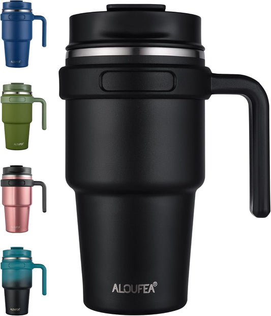 20 Oz Insulated Coffee Mug Tumbler with Handle, Stainless Steel Travel Mug Tumbler with Lid and Straw,Double Wall Vacuum Leak Proof Ice Coffee Thermal Cup, Black