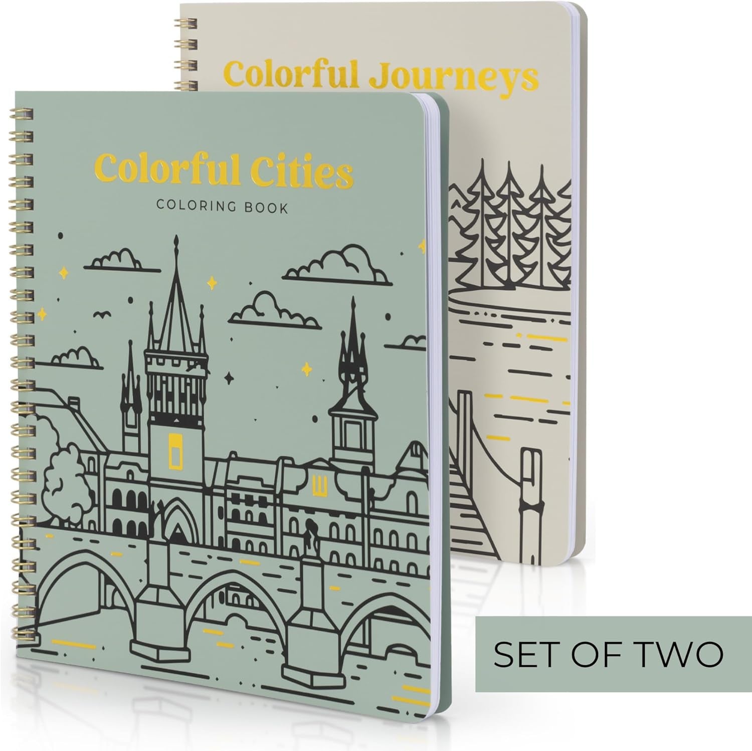 Beautiful Adult Coloring Book Set of 2 for Relaxation - Inspirational Adventures and Landmarks Scenery for the Spirit of Wanderlust - Perfect Stress-Relieving Gift for Women
