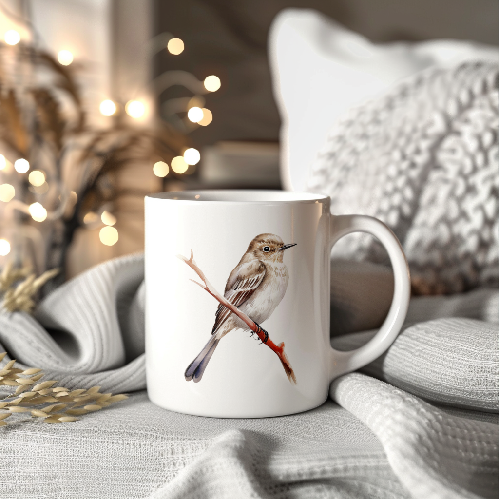 Bird Watching Mug, Spotted Flycatcher Song Bird Mug, 11oz or 15oz White Ceramic Coffee Mug Gift for Bird Watchers