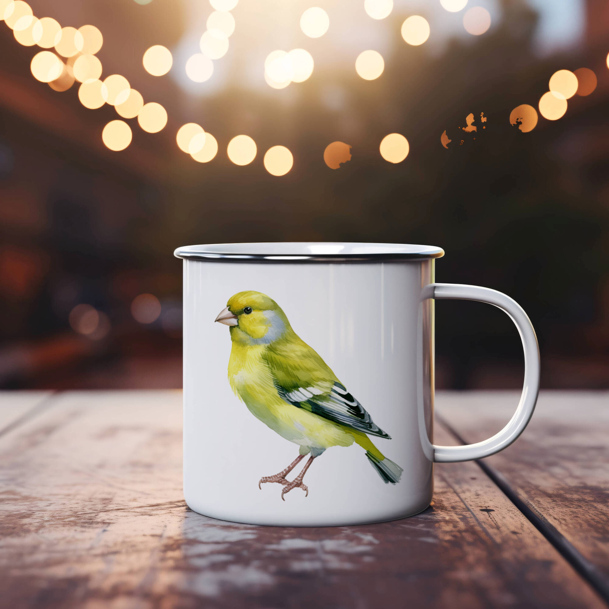 Bird Watching Mug, European Greenfinch Song Bird Camping Mug, 12oz Camping Mug, White Stainless Steel Cup with Handle