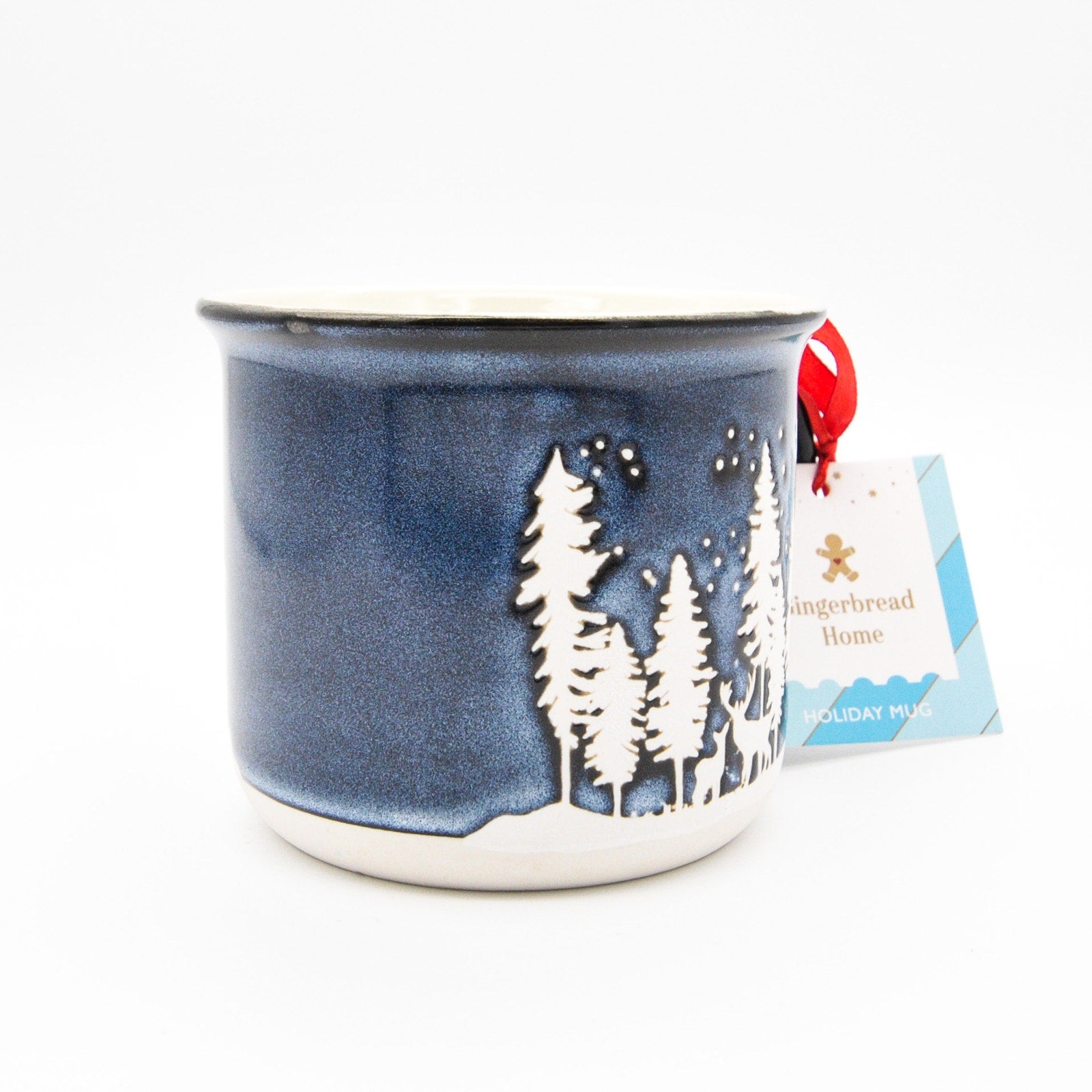 Holiday Camping Mug, Blue Ceramic 14oz Coffee Cup with Elk and Calf Winter Scene by Gingerbread Home