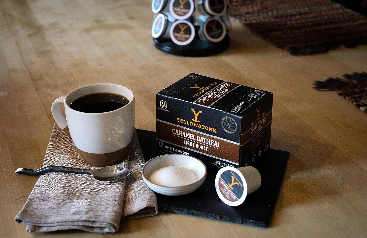 Yellowstone Caramel Oatmeal Light Roast Coffee, Single Serve Recyclable Pods/Cups, 100% Arabica Beans, 12 Count