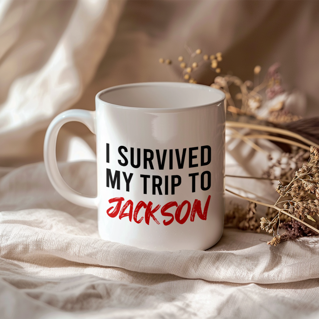 Funny Travel Mug – I Survived My Trip to Jackson, 11oz or 15oz White Ceramic Coffee Mug, Novelty Travel Gift