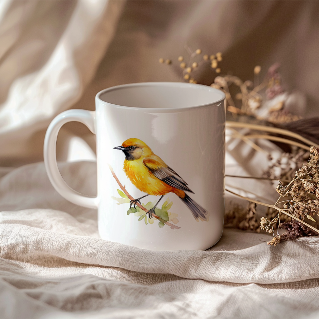 Bird Watching Mug, Orchard Oriole Song Bird Mug, 11oz or 15oz White Ceramic Coffee Mug Gift for Bird Watchers