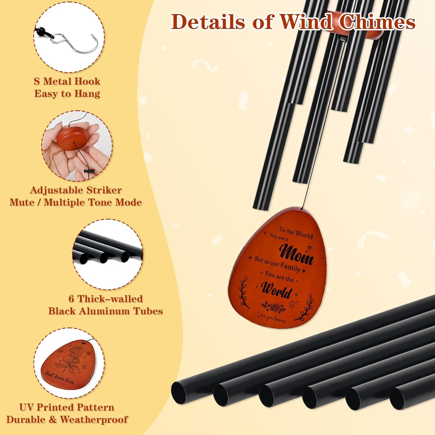 Gifts for Mom, Moms Wind Chimes, Mothers Day Moms Birthday Gift from Daughter Son, Best Mom Ever Gift for Mother'S Day Christmas Thanksgiving, 26 Inch Wind Chime