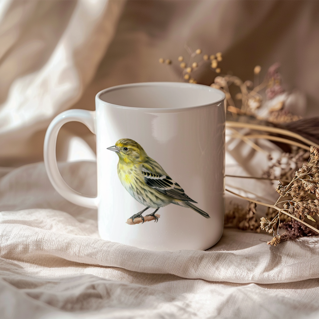 Bird Watching Mug, Pine Siskin Song Bird Mug, 11oz or 15oz White Ceramic Coffee Mug Gift for Bird Watchers