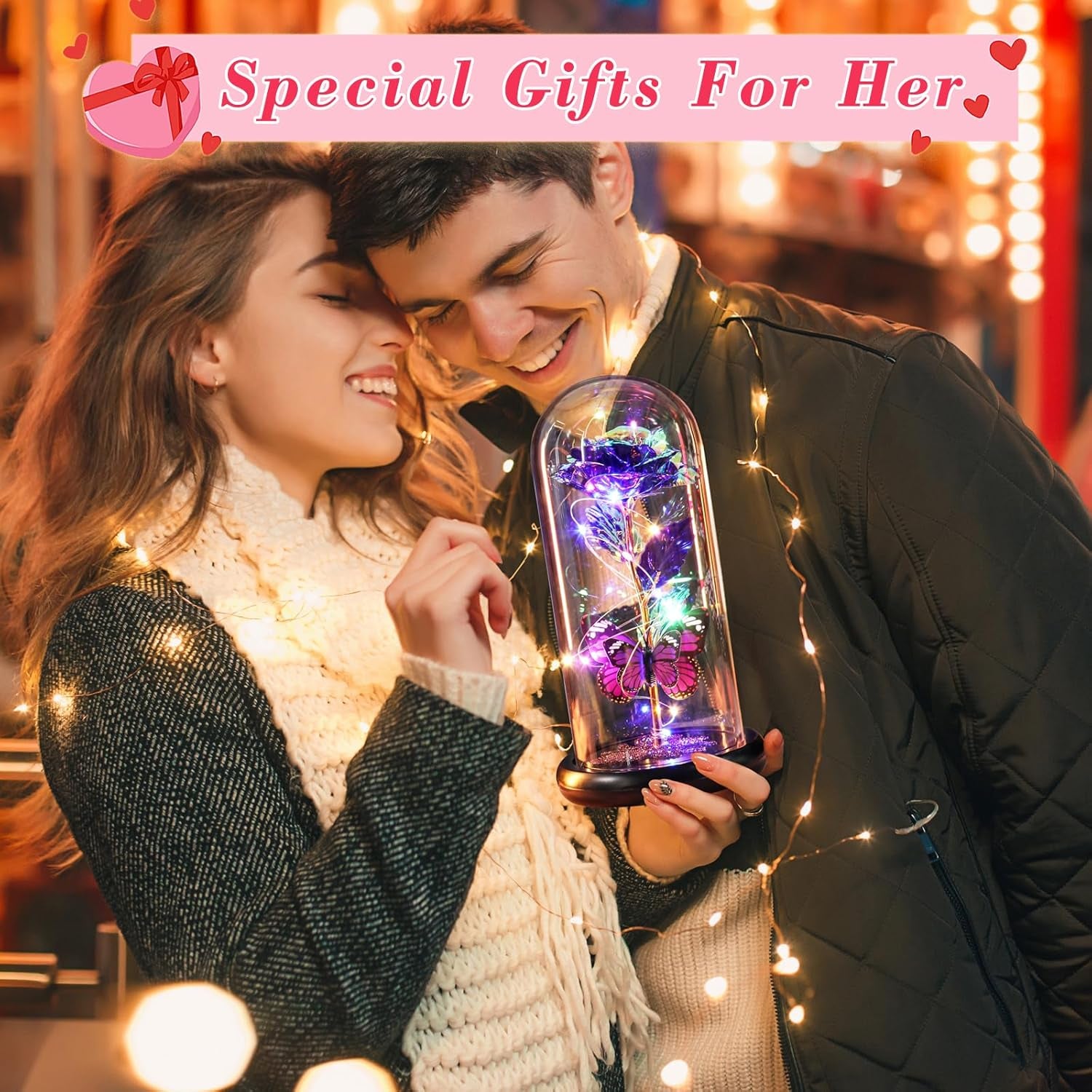 Mothers Day Flower Mom Gifts from Daughter Purple Rose Eternal Flower Light up Rose in Glass Dome with Butterfly Birthday Gifts for Women Thanksgiving Anniversary Grandma Girlfriend Wife Gift for Her