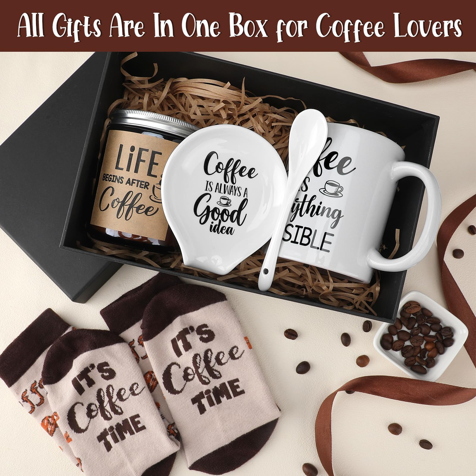 5 Piece Coffee Lovers Gift Set - Includes Mug and Spoon Rest Holder,Candle and Socks,Coffee Theme Box Basket Idea for Men Women Mother's Day Graduation Gift
