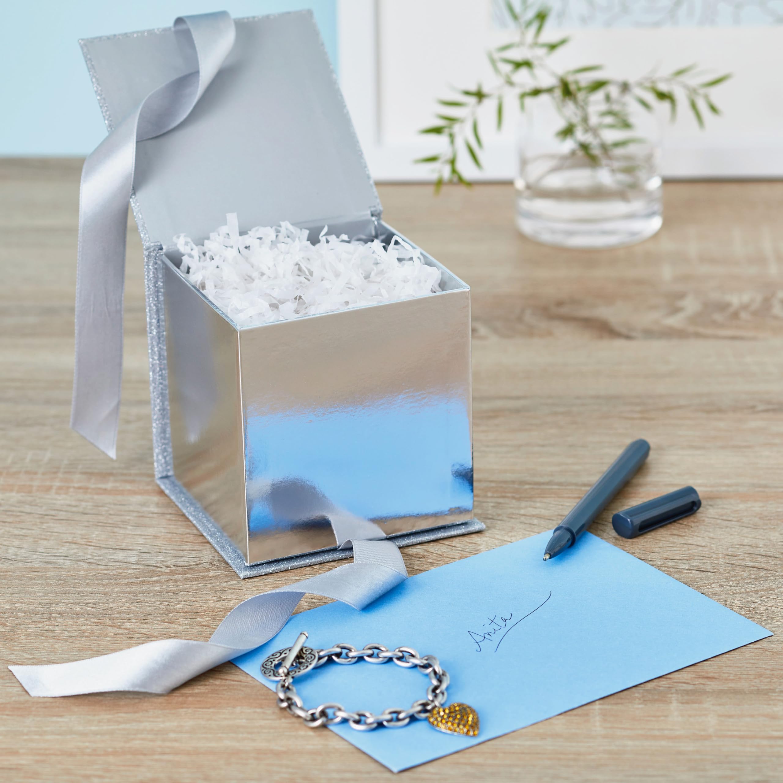 Silver Glitter Gift Box with Bow, 4.2 in