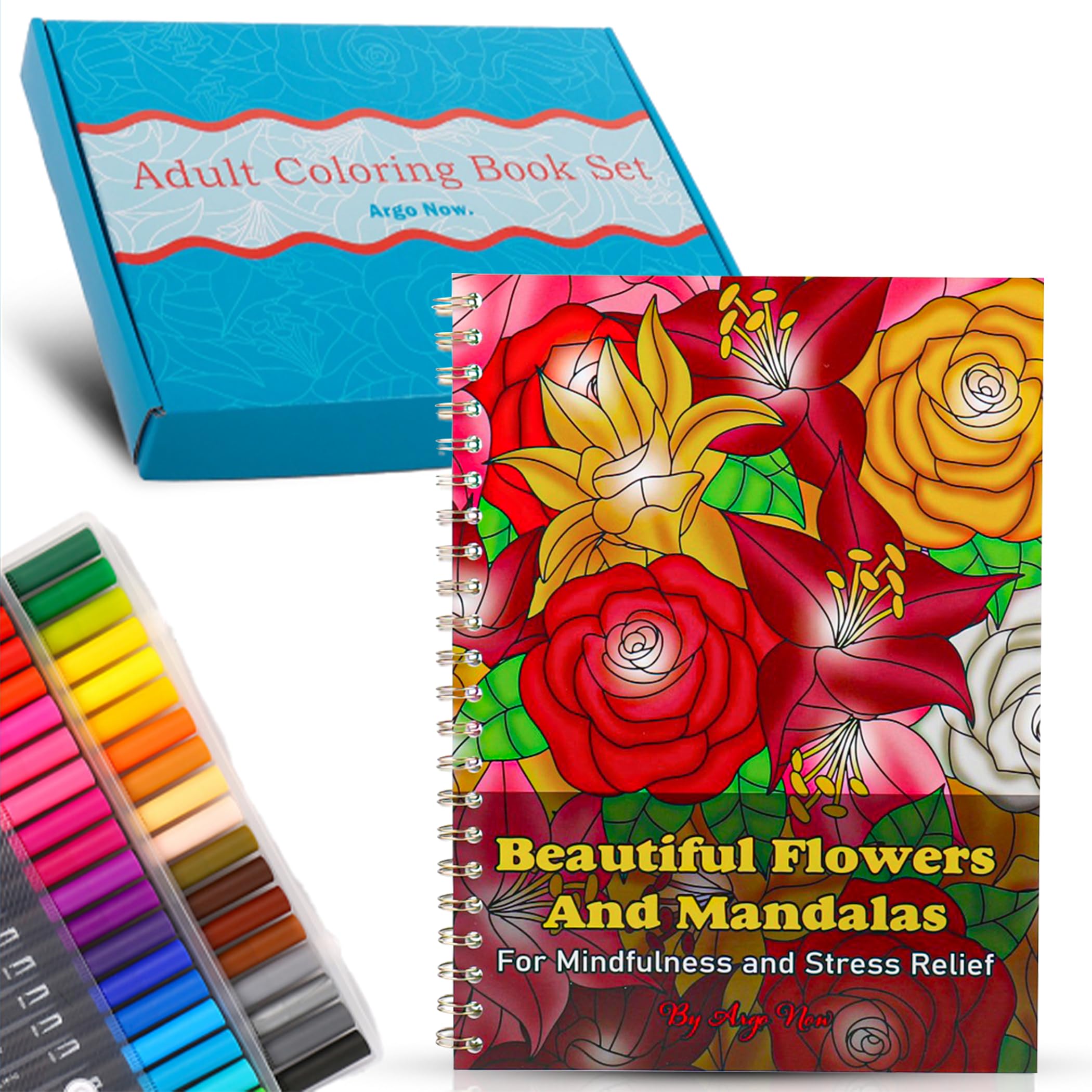 Adult Coloring Book with Markers - 36 Dual Tip Markers - 40 Mandala and Flower Designs – Adult Coloring Book Spiral Bound for Adults Relaxation