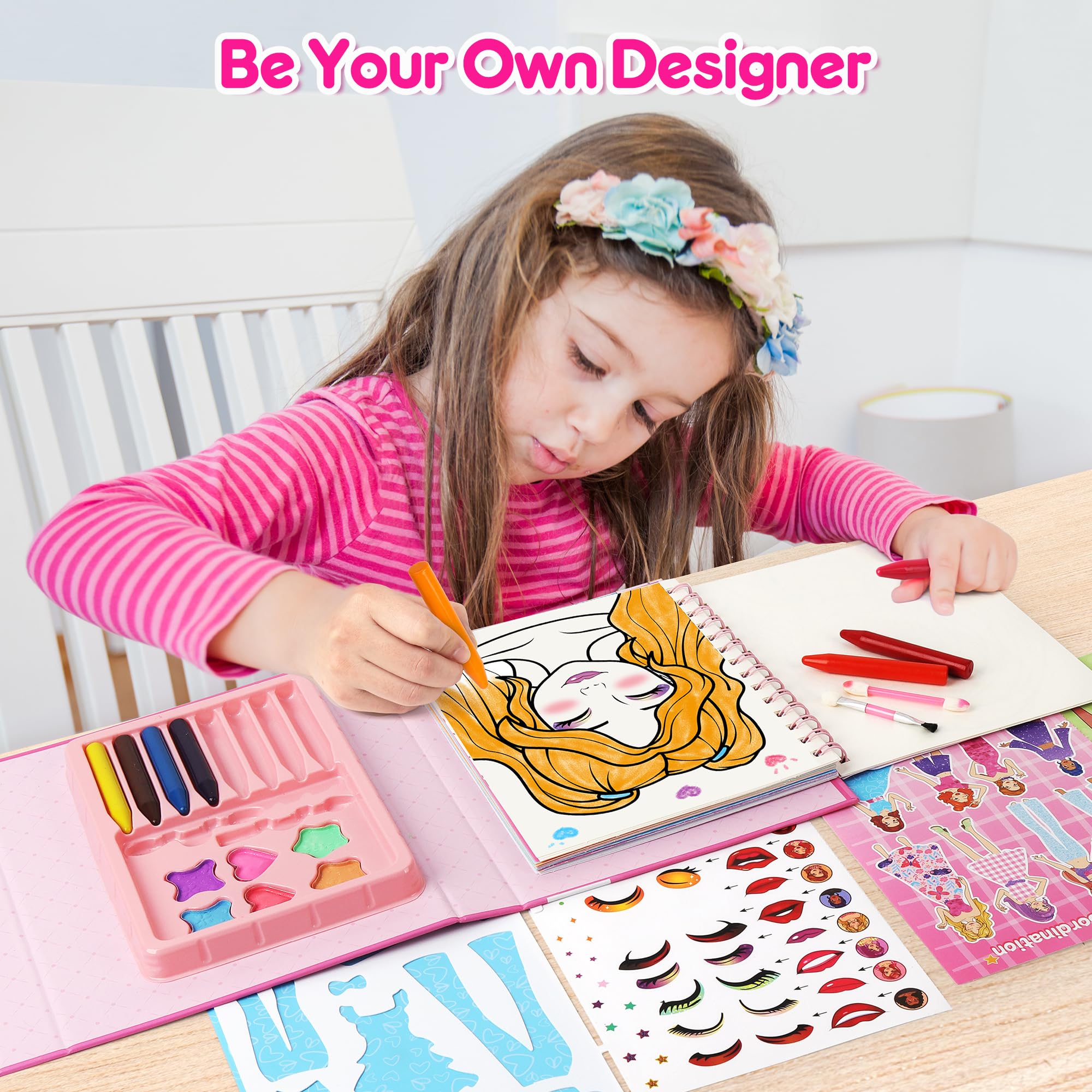 Mocoosy Makeup Craft Kit for Girls Ages 6-8, Pretend Makeup Coloring Activity Book with Stickers, Mess-Free Dress-Up Art & Crafts, Travel Game Road Trip Toy Birthday Gift for Girls 4 5 6 7 8 Years Old