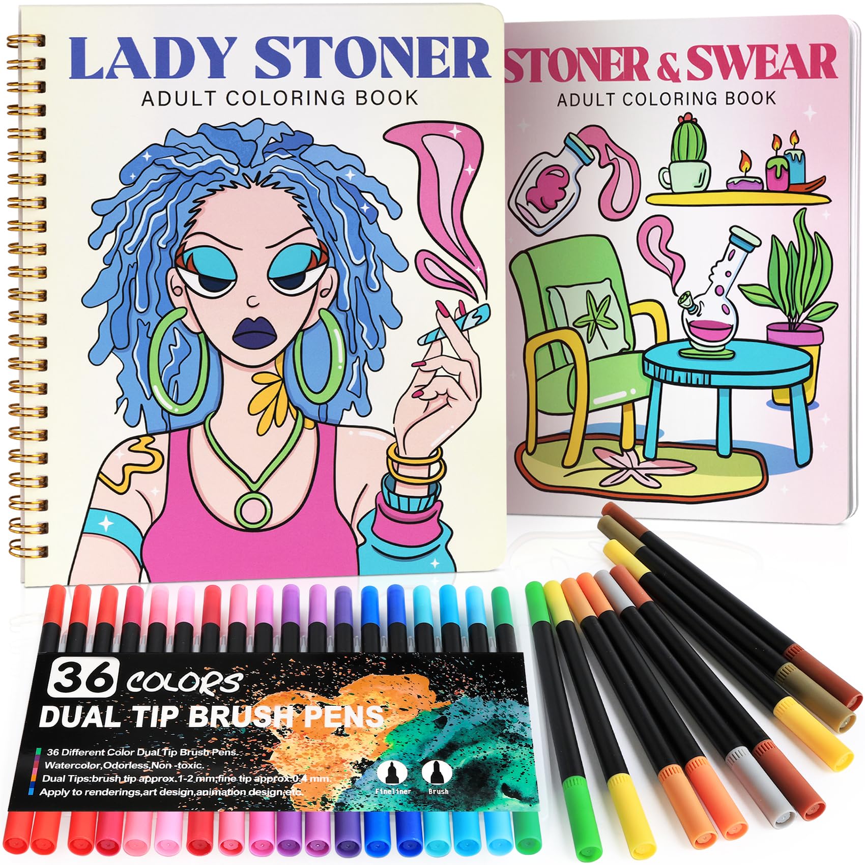 Stoner Coloring Book for Adults Relaxation - 2 pcs Cozy Weed Girl Moments Coloring Book for Women with Markers - Funny Stress Relief Self Care Gifts - Get Well Gifts After Cancer Surgery