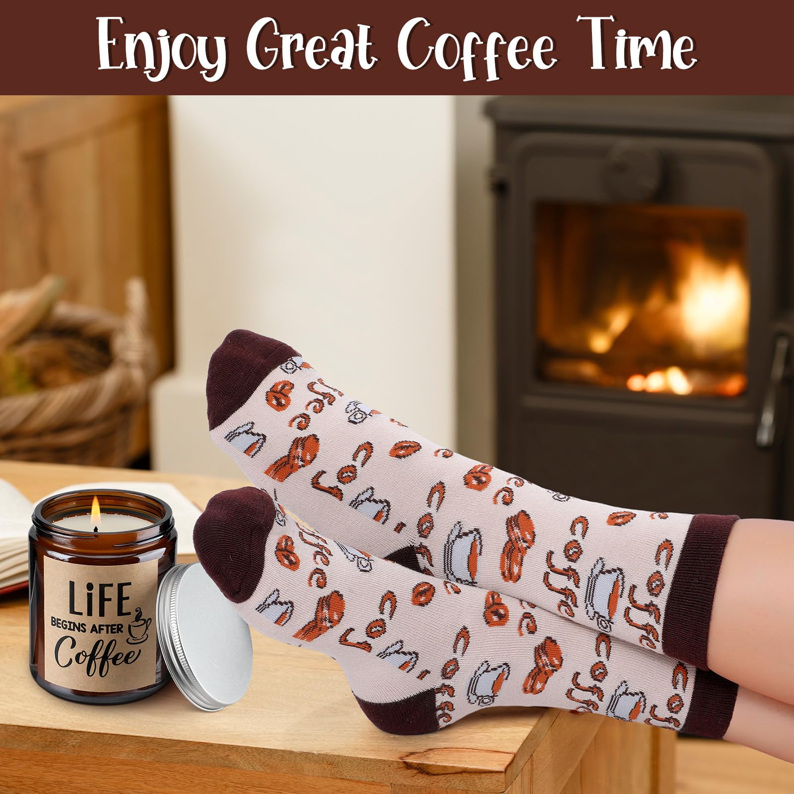 5 Piece Coffee Lovers Gift Set - Includes Mug and Spoon Rest Holder,Candle and Socks,Coffee Theme Box Basket Idea for Men Women Mother's Day Graduation Gift