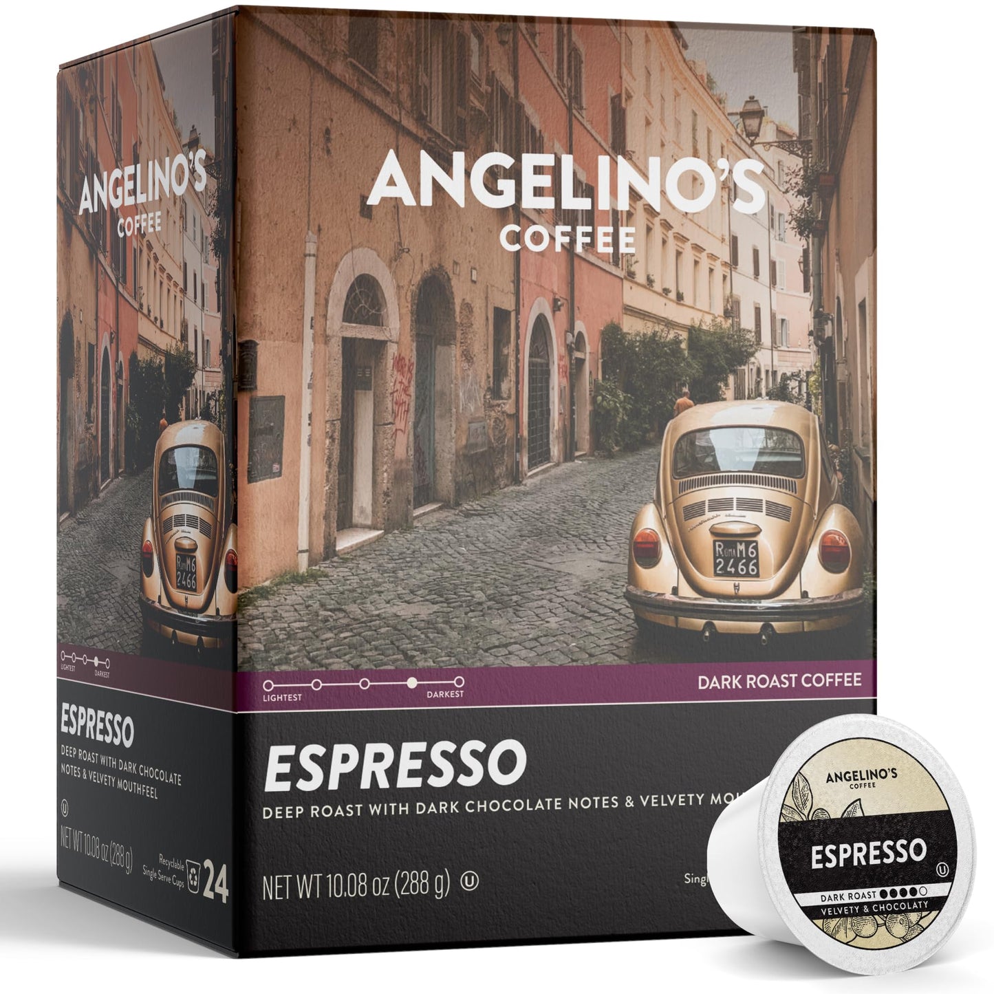 Angelino's Coffee Espresso Pods Keurig Compatible - 24 Count, Dark Roast Coffee for Keurig K-Cup Brewers, Cafe Style, Best Strong Espresso Coffee Pods (24 Count, Espresso)