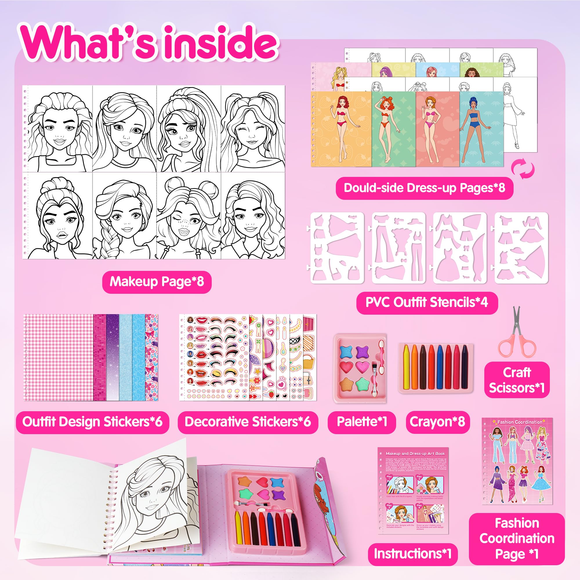 Mocoosy Makeup Craft Kit for Girls Ages 6-8, Pretend Makeup Coloring Activity Book with Stickers, Mess-Free Dress-Up Art & Crafts, Travel Game Road Trip Toy Birthday Gift for Girls 4 5 6 7 8 Years Old